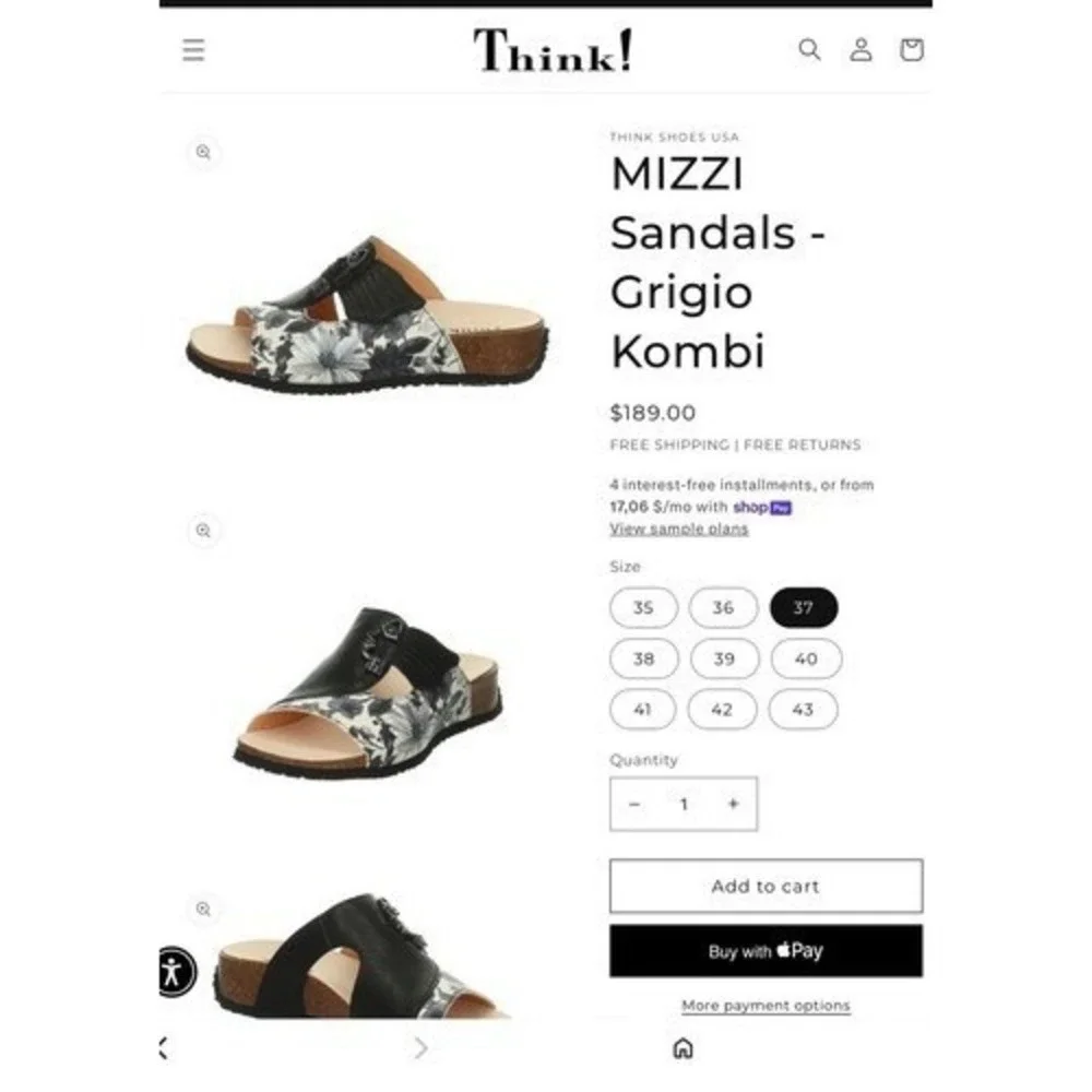 Think! Mizzi Black Slip On Sandals‎  Women 42/US11 Austria Leather/Cork/Rubber